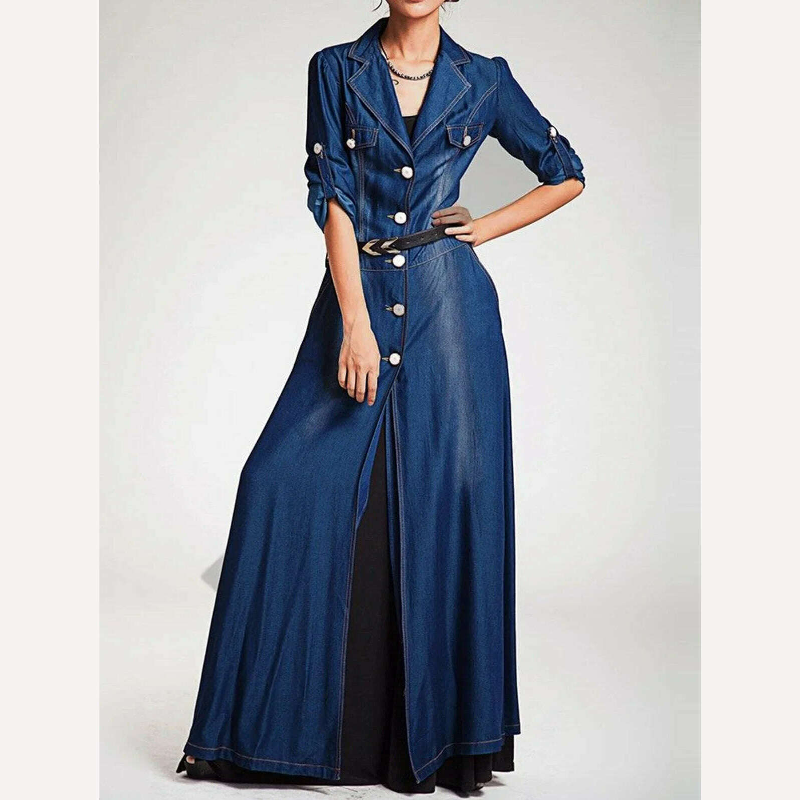 KIMLUD, Women Denim Dress Washed Long Sleeve Single Breasted Slim Casual Elegant Vintage Lapel Collar Big Swing Shirt Maxi Dresses 2024, Blue / 4XL / CHINA, KIMLUD APPAREL - Womens Clothes