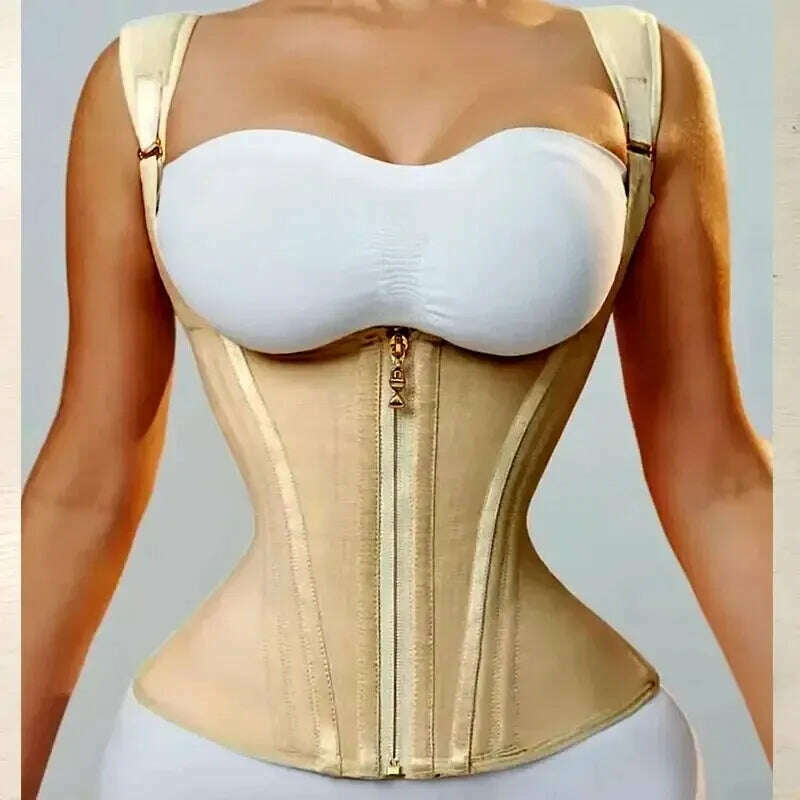 KIMLUD, Women Double Compression Waist Trainer Vest Corset Bone Adjustable Zipper Hook-eyes Flat Belly Body Shaper Fajas Modeling Belt, XL / Beige, KIMLUD APPAREL - Womens Clothes