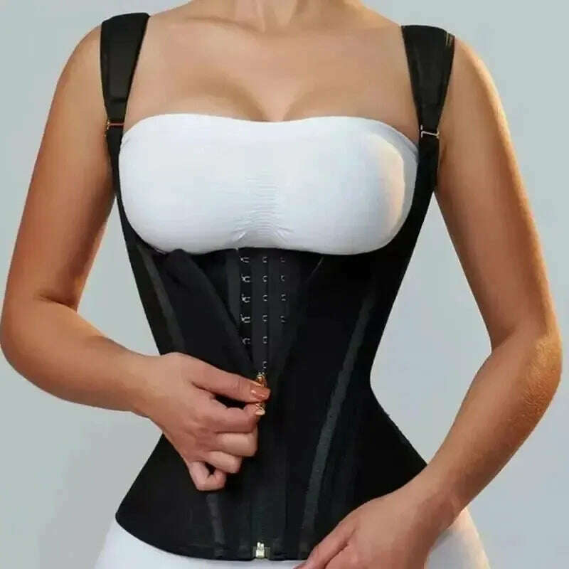KIMLUD, Women Double Compression Waist Trainer Vest Corset Bone Adjustable Zipper Hook-eyes Flat Belly Body Shaper Fajas Modeling Belt, KIMLUD Womens Clothes