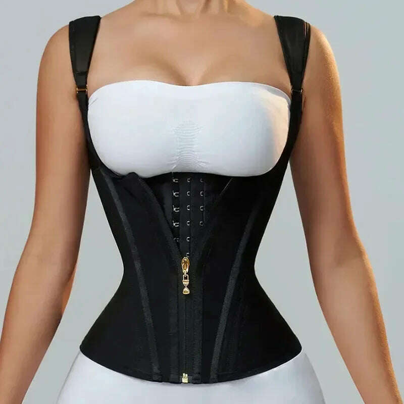KIMLUD, Women Double Compression Waist Trainer Vest Corset Bone Adjustable Zipper Hook-eyes Flat Belly Body Shaper Fajas Modeling Belt, KIMLUD Womens Clothes