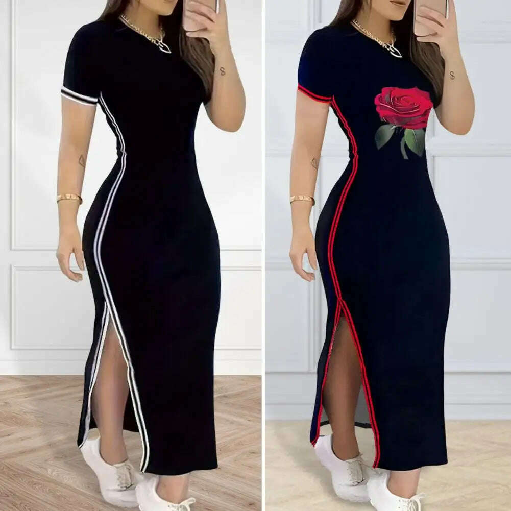 Women Dress Side Slit Slim Fit Short Sleeves Dress Ankle Length Daily Wear  Leisure Maxi Dress