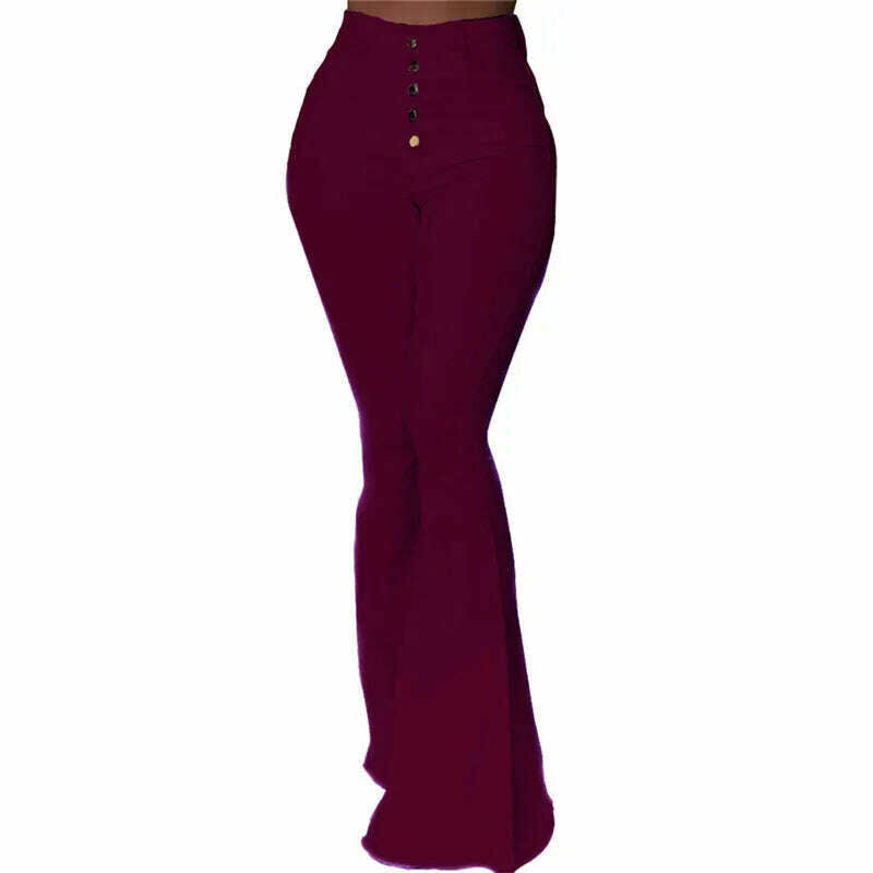 KIMLUD, Women Elasticity Bell-bottoms Pants Solid High Waist Elegant Long Pants Fashion Ladies Full Length Trousers Pantalon Femme, Red Wine / S, KIMLUD APPAREL - Womens Clothes