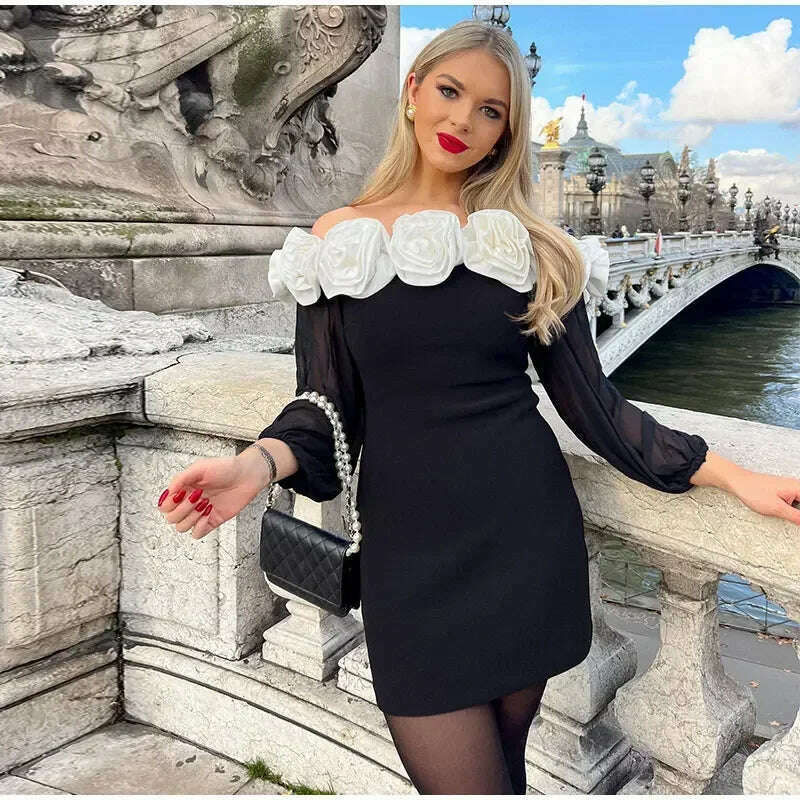 KIMLUD, Women Elegant 3d Flower Slash Neck Mini Dress Fashion Long Sleeve Solid Bodycon Dresses Female Fashion Streetwear Robes 2024, KIMLUD Womens Clothes