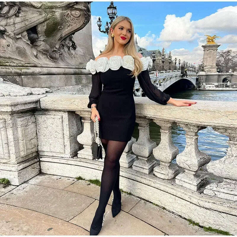 KIMLUD, Women Elegant 3d Flower Slash Neck Mini Dress Fashion Long Sleeve Solid Bodycon Dresses Female Fashion Streetwear Robes 2024, KIMLUD Womens Clothes