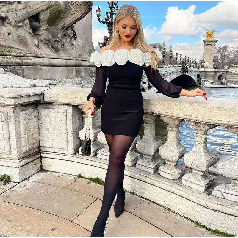 KIMLUD, Women Elegant 3d Flower Slash Neck Mini Dress Fashion Long Sleeve Solid Bodycon Dresses Female Fashion Streetwear Robes 2024, KIMLUD Womens Clothes