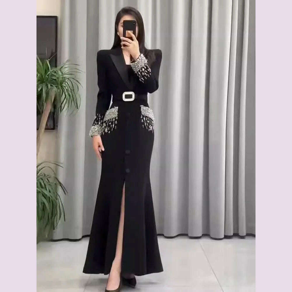 KIMLUD, Women Elegant Ankle Length Long Diamonds Dress Lady Single Breasted Belted Slim Waist Split Shiny Crystal Party Mermaid Dresses, KIMLUD Womens Clothes