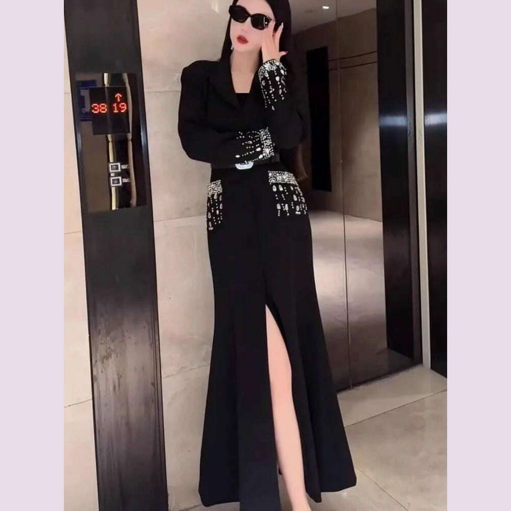 KIMLUD, Women Elegant Ankle Length Long Diamonds Dress Lady Single Breasted Belted Slim Waist Split Shiny Crystal Party Mermaid Dresses, KIMLUD Womens Clothes