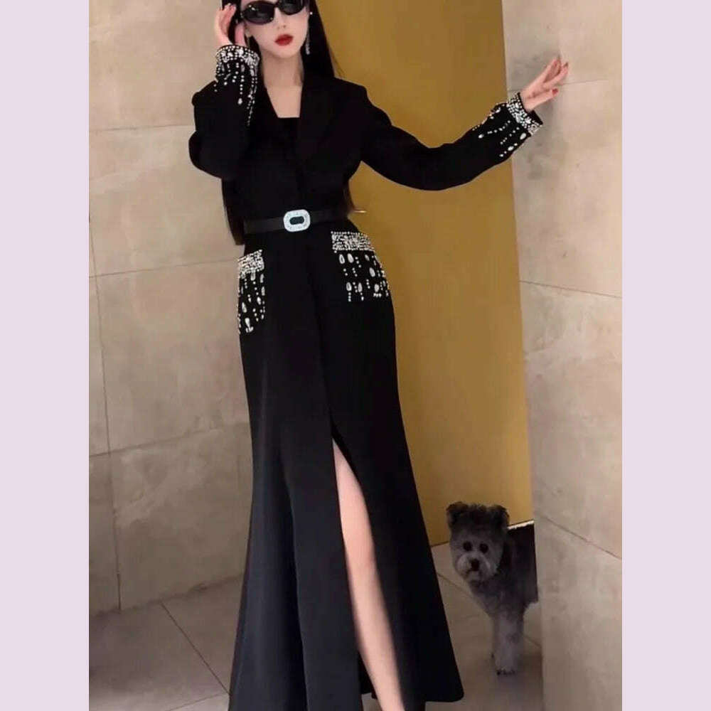 KIMLUD, Women Elegant Ankle Length Long Diamonds Dress Lady Single Breasted Belted Slim Waist Split Shiny Crystal Party Mermaid Dresses, KIMLUD Womens Clothes