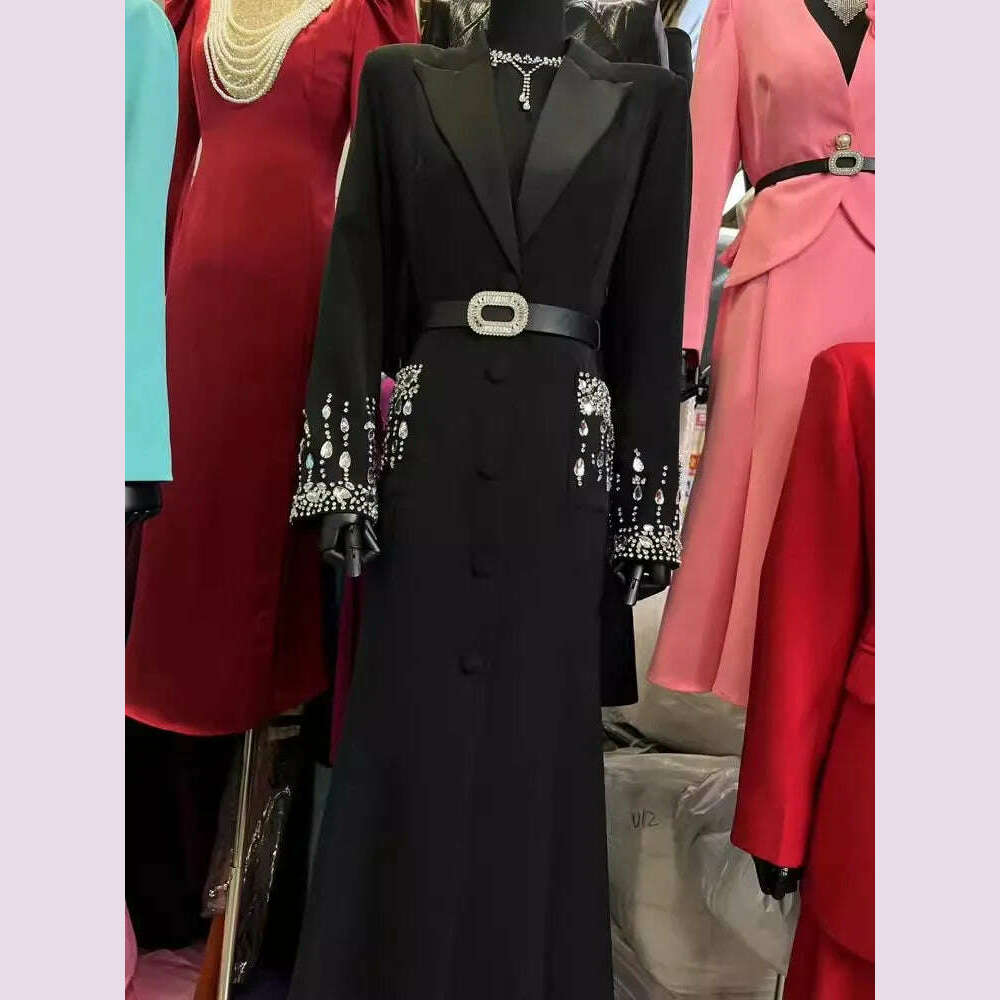 KIMLUD, Women Elegant Ankle Length Long Diamonds Dress Lady Single Breasted Belted Slim Waist Split Shiny Crystal Party Mermaid Dresses, KIMLUD Womens Clothes