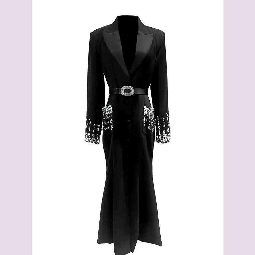 KIMLUD, Women Elegant Ankle Length Long Diamonds Dress Lady Single Breasted Belted Slim Waist Split Shiny Crystal Party Mermaid Dresses, KIMLUD Womens Clothes