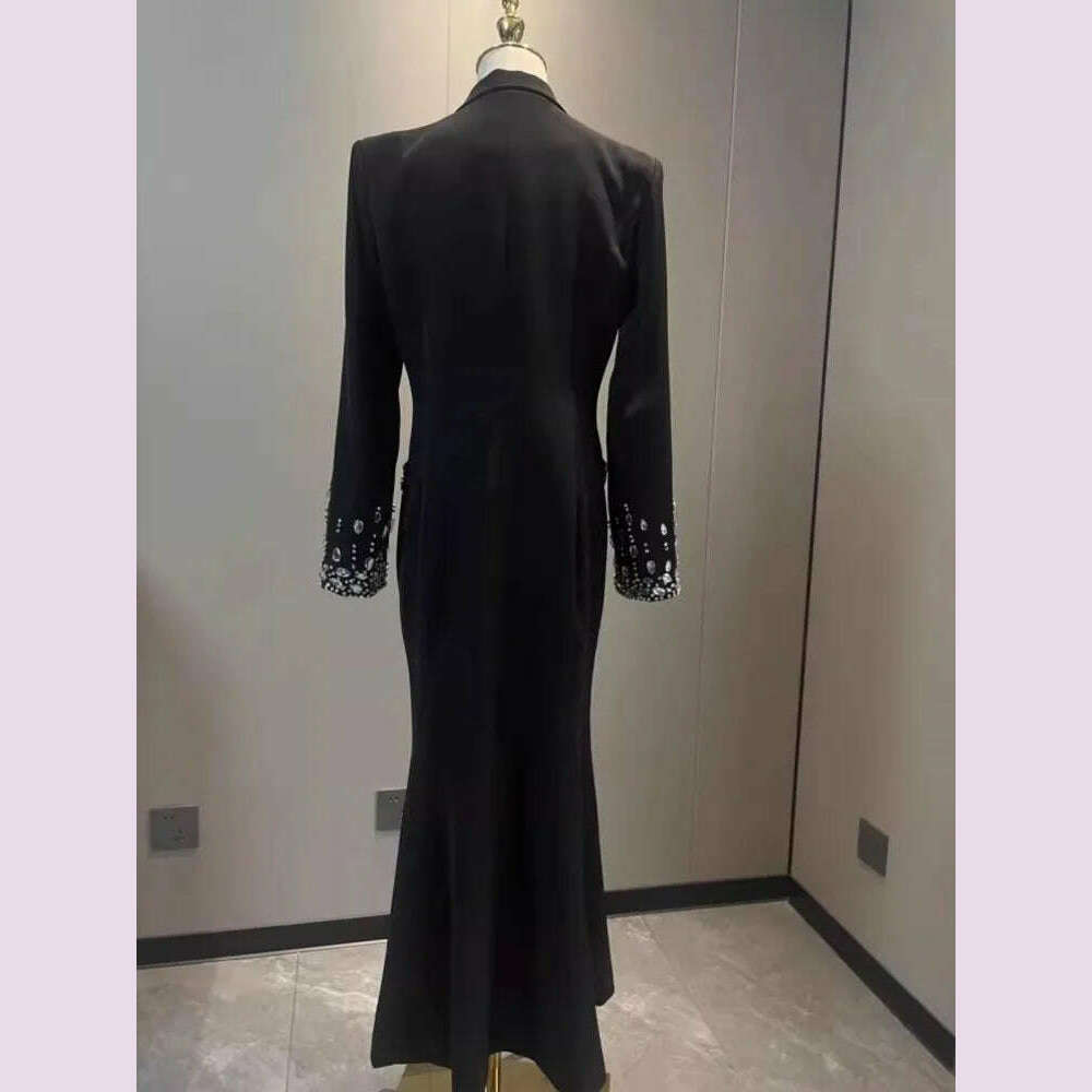 KIMLUD, Women Elegant Ankle Length Long Diamonds Dress Lady Single Breasted Belted Slim Waist Split Shiny Crystal Party Mermaid Dresses, KIMLUD Womens Clothes