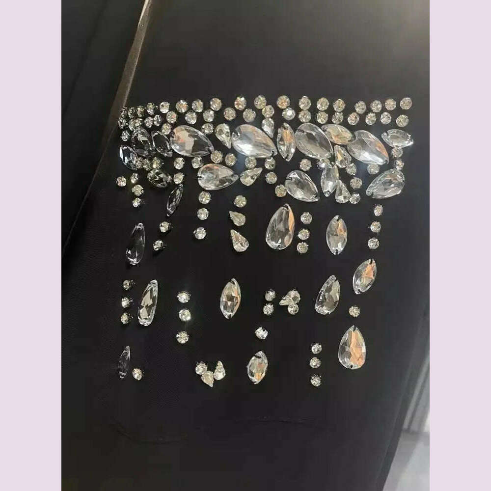 KIMLUD, Women Elegant Ankle Length Long Diamonds Dress Lady Single Breasted Belted Slim Waist Split Shiny Crystal Party Mermaid Dresses, KIMLUD Womens Clothes