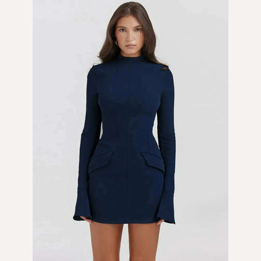 KIMLUD, Women Elegant Dark Blue Commuting Mini Dress 2023 Autumn Sexy Pocket Long Sleeve Bodycon Dresses Lady Chic Party Club Robe, KIMLUD Womens Clothes