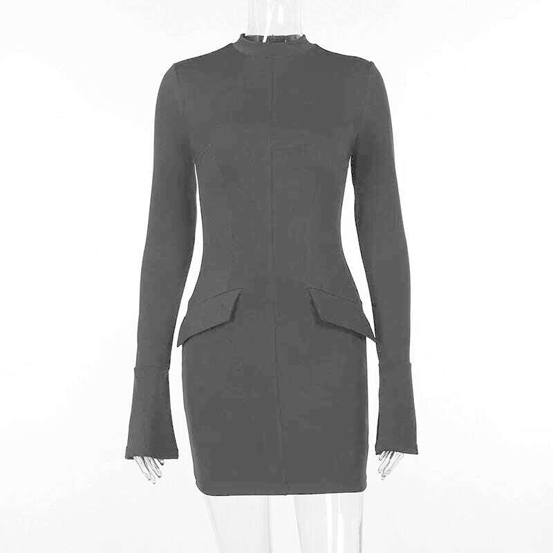 KIMLUD, Women Elegant Dark Blue Commuting Mini Dress 2023 Autumn Sexy Pocket Long Sleeve Bodycon Dresses Lady Chic Party Club Robe, Black / S, KIMLUD APPAREL - Womens Clothes