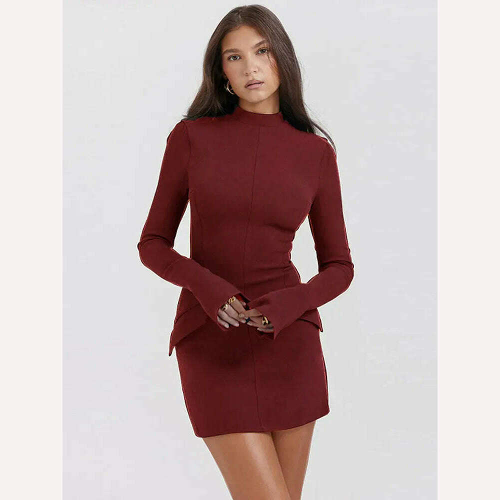 KIMLUD, Women Elegant Dark Blue Commuting Mini Dress 2023 Autumn Sexy Pocket Long Sleeve Bodycon Dresses Lady Chic Party Club Robe, Wine Red / S, KIMLUD APPAREL - Womens Clothes