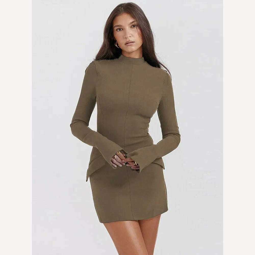 KIMLUD, Women Elegant Dark Blue Commuting Mini Dress 2023 Autumn Sexy Pocket Long Sleeve Bodycon Dresses Lady Chic Party Club Robe, Khaki / S, KIMLUD APPAREL - Womens Clothes
