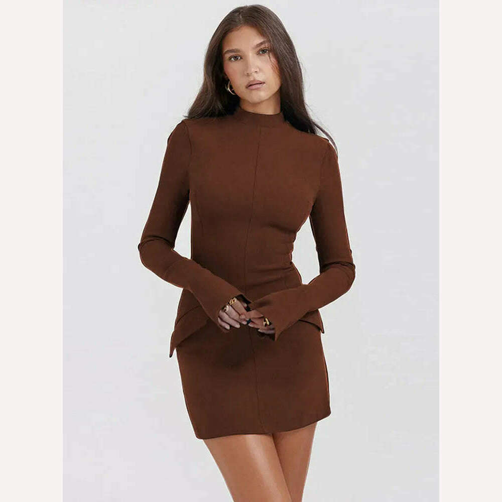 KIMLUD, Women Elegant Dark Blue Commuting Mini Dress 2023 Autumn Sexy Pocket Long Sleeve Bodycon Dresses Lady Chic Party Club Robe, Brown / S, KIMLUD APPAREL - Womens Clothes