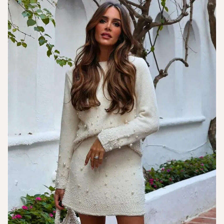 KIMLUD, Women Elegant Faux Pearls Knit Sweater Suit Fashion Round Neck Long Sleeve Top High Waist Skirt Set 2023 Women Lady Chic Outfit, KIMLUD Womens Clothes