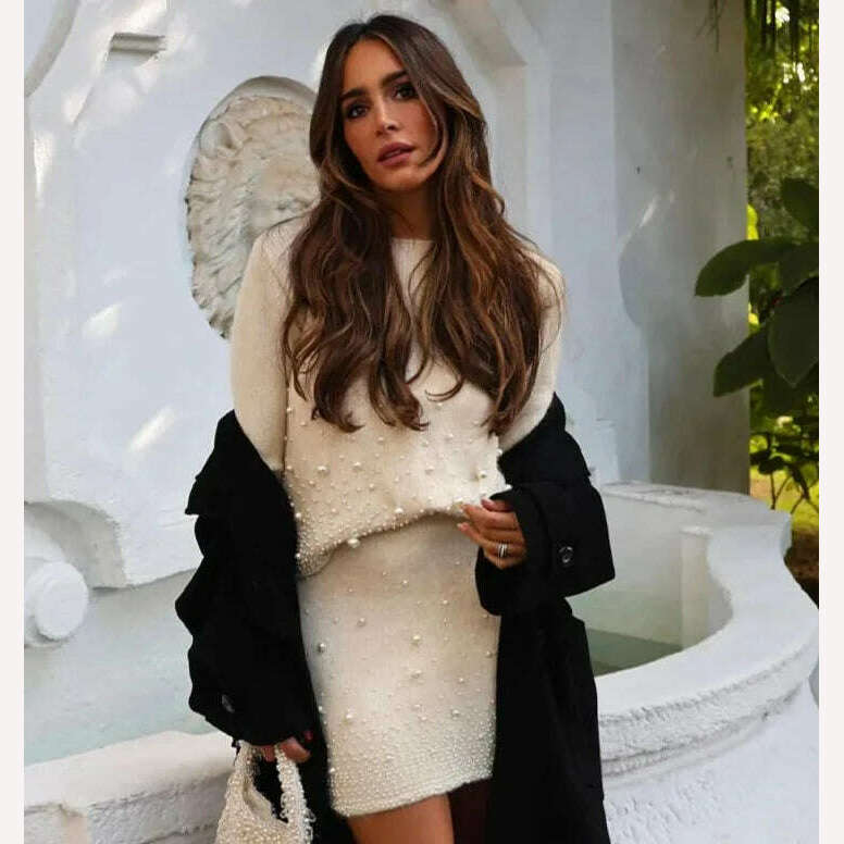 KIMLUD, Women Elegant Faux Pearls Knit Sweater Suit Fashion Round Neck Long Sleeve Top High Waist Skirt Set 2023 Women Lady Chic Outfit, KIMLUD Womens Clothes