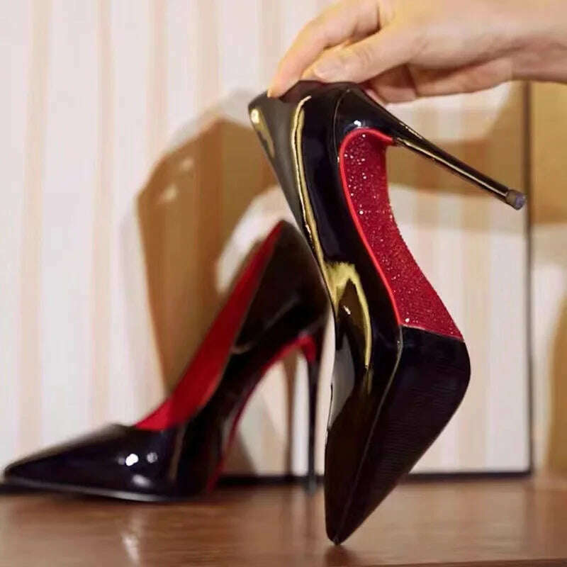 KIMLUD, Women Elegant Luxury Shiny Rhinestone High Heels Sexy Red Bottom Pumps Brand Shoes Sexy Party Pointed Toe Wedding Banquet Shoes, KIMLUD Womens Clothes