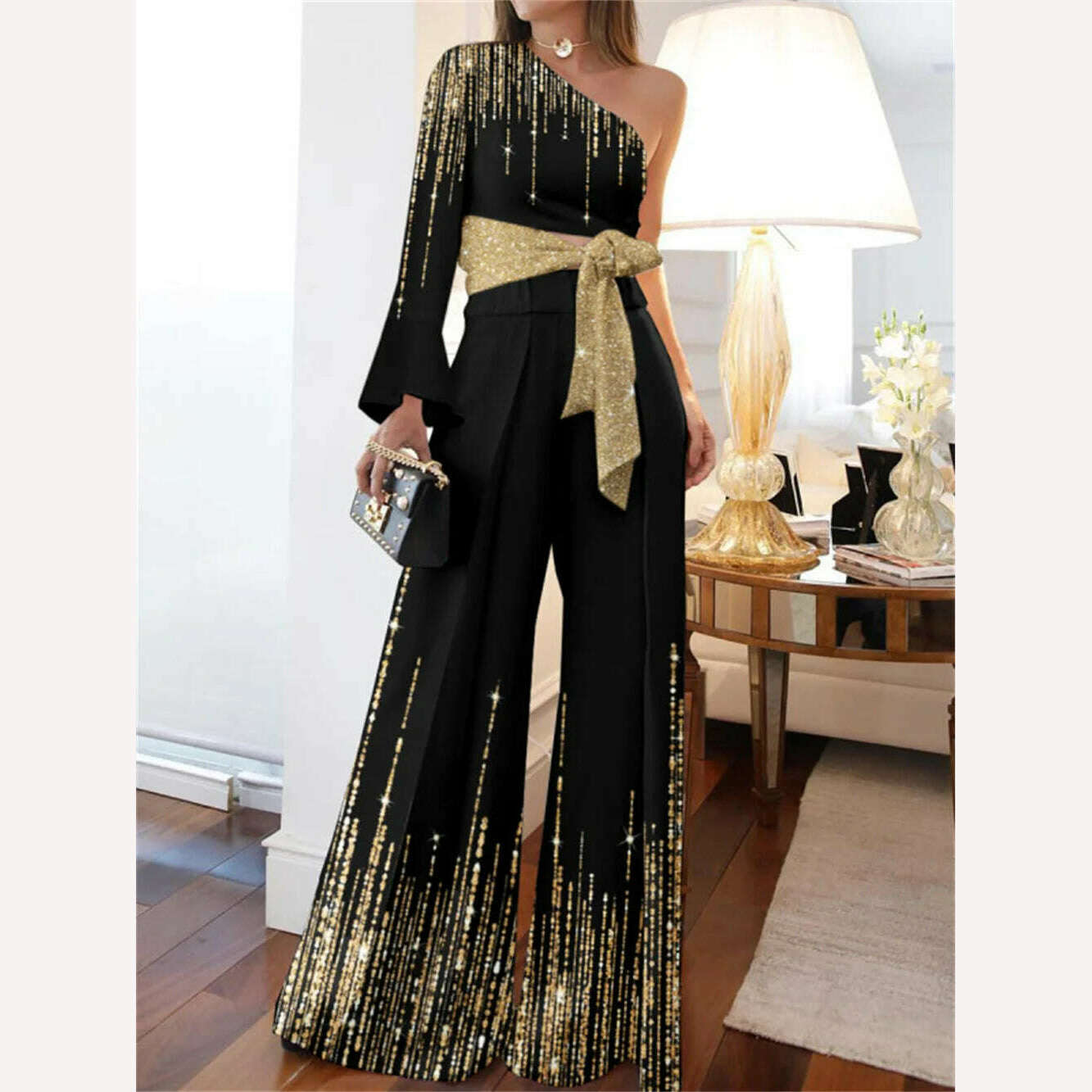 KIMLUD, Women Elegant Outfit One Shoulder Shirt Bandage Bowknot Long Pants Wide Leg Fashion Top Patchwork Shiny Pants Set, Gold / S, KIMLUD APPAREL - Womens Clothes