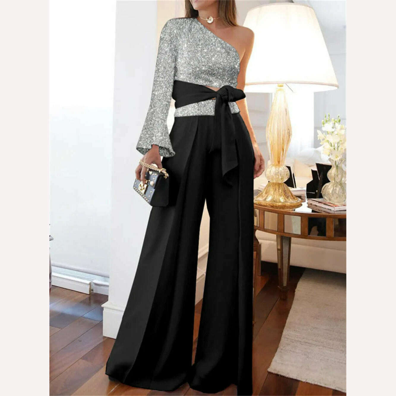 KIMLUD, Women Elegant Outfit One Shoulder Shirt Bandage Bowknot Long Pants Wide Leg Fashion Top Patchwork Shiny Pants Set, KIMLUD Womens Clothes
