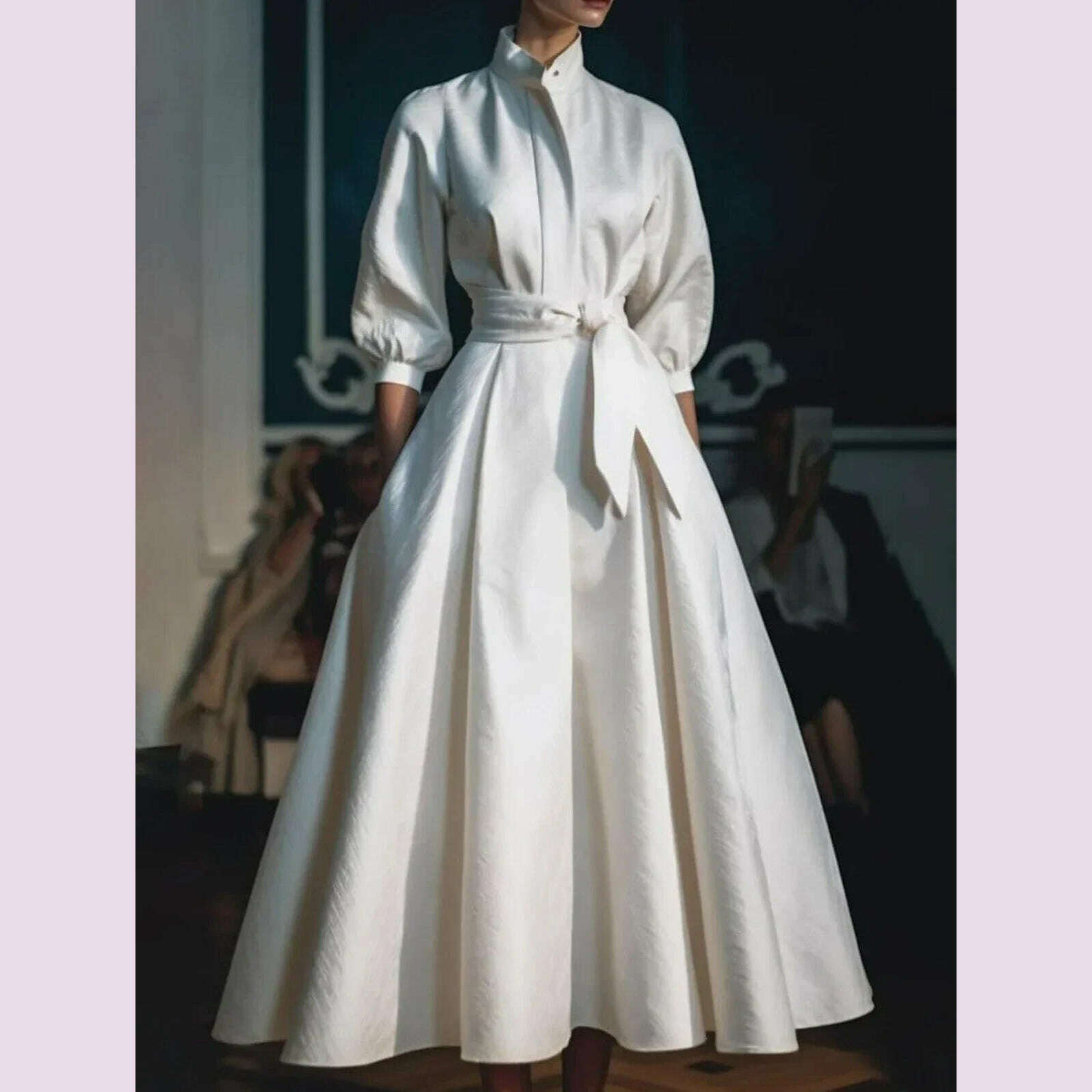 KIMLUD, Women Elegant Shirt Dress Long Sleeve Stand Collar White Minimalist A-Line Pleated Wedding Guest Long Dresses with Blet 2024, KIMLUD Womens Clothes
