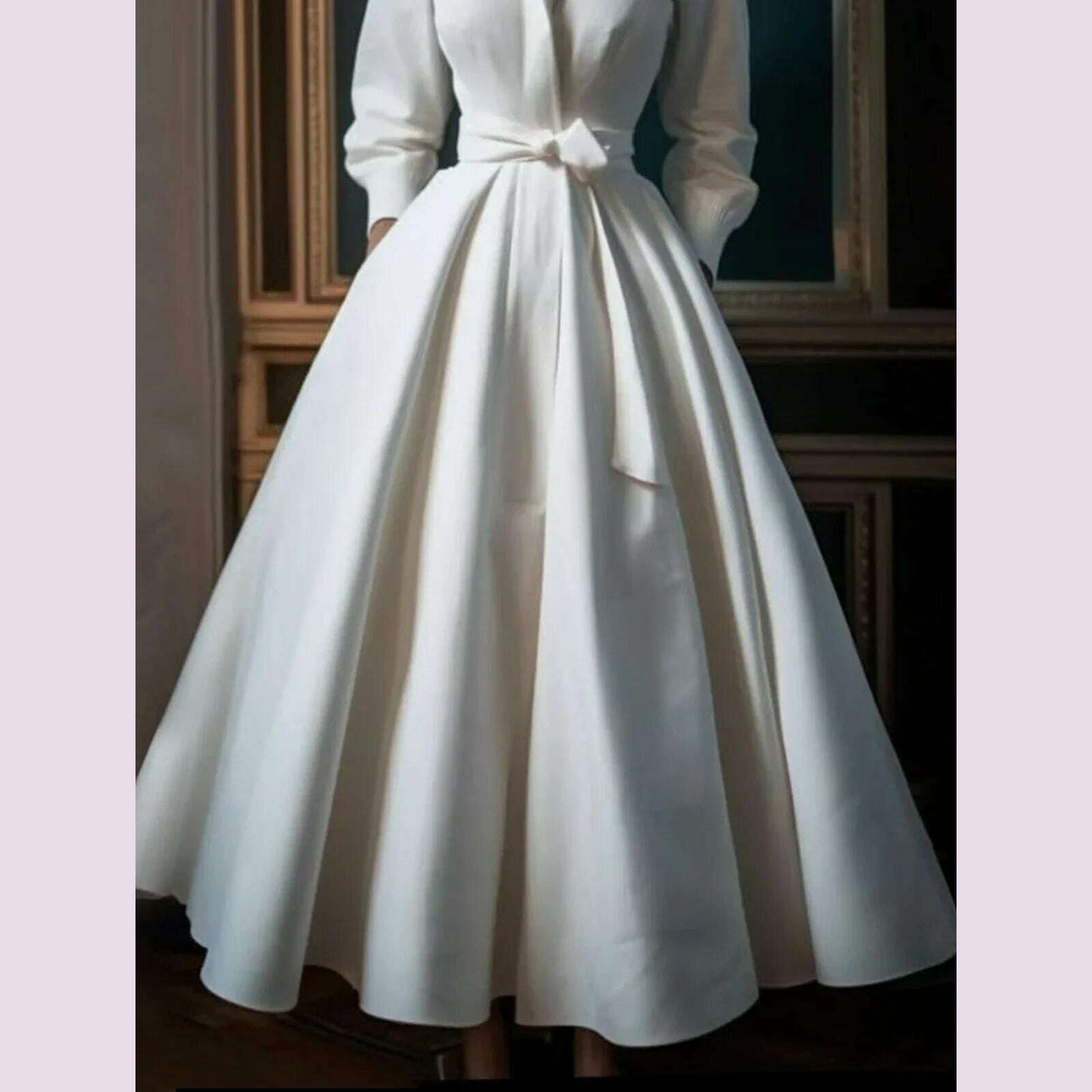 KIMLUD, Women Elegant Shirt Dress Long Sleeve Stand Collar White Minimalist A-Line Pleated Wedding Guest Long Dresses with Blet 2024, KIMLUD Womens Clothes