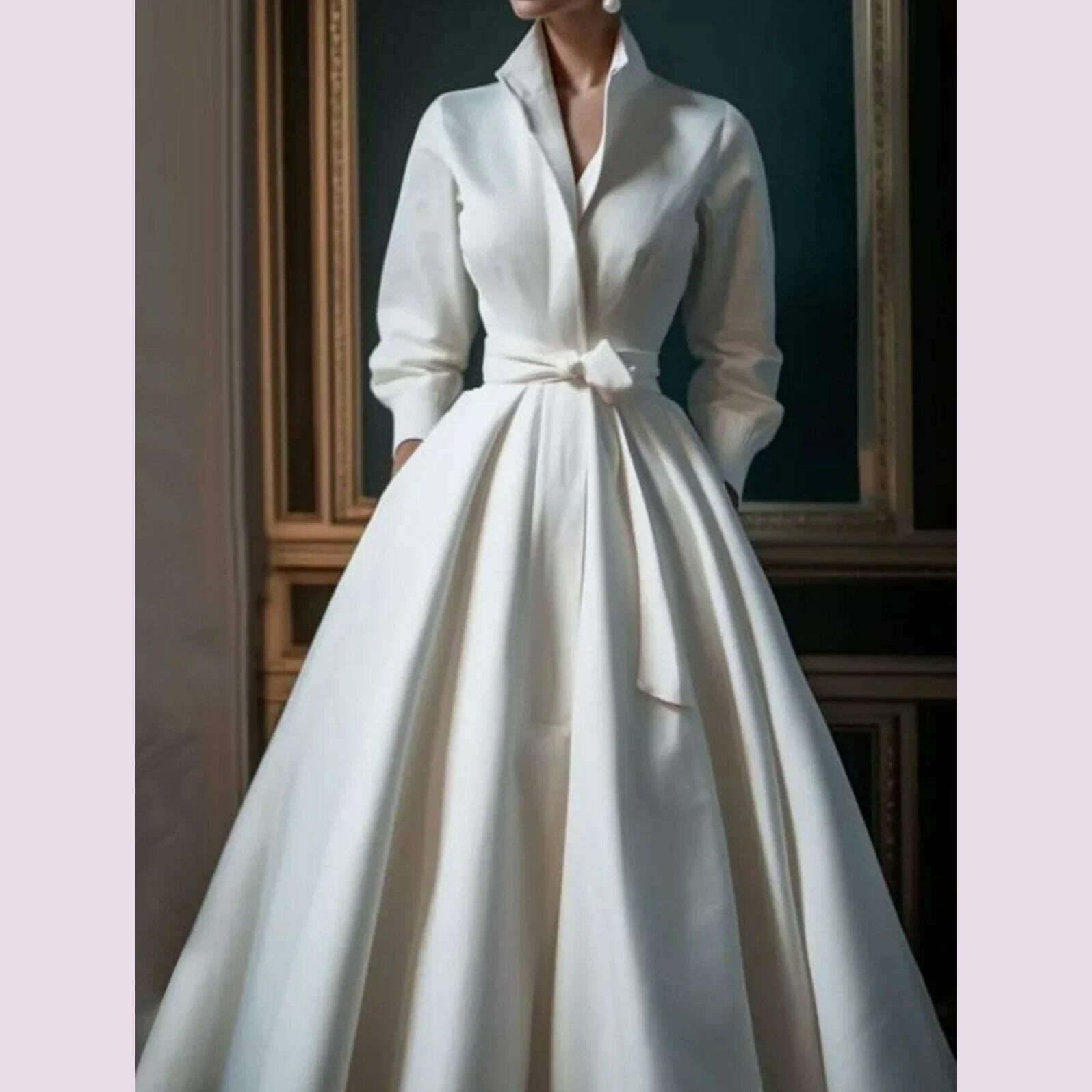 KIMLUD, Women Elegant Shirt Dress Long Sleeve Stand Collar White Minimalist A-Line Pleated Wedding Guest Long Dresses with Blet 2024, KIMLUD Womens Clothes