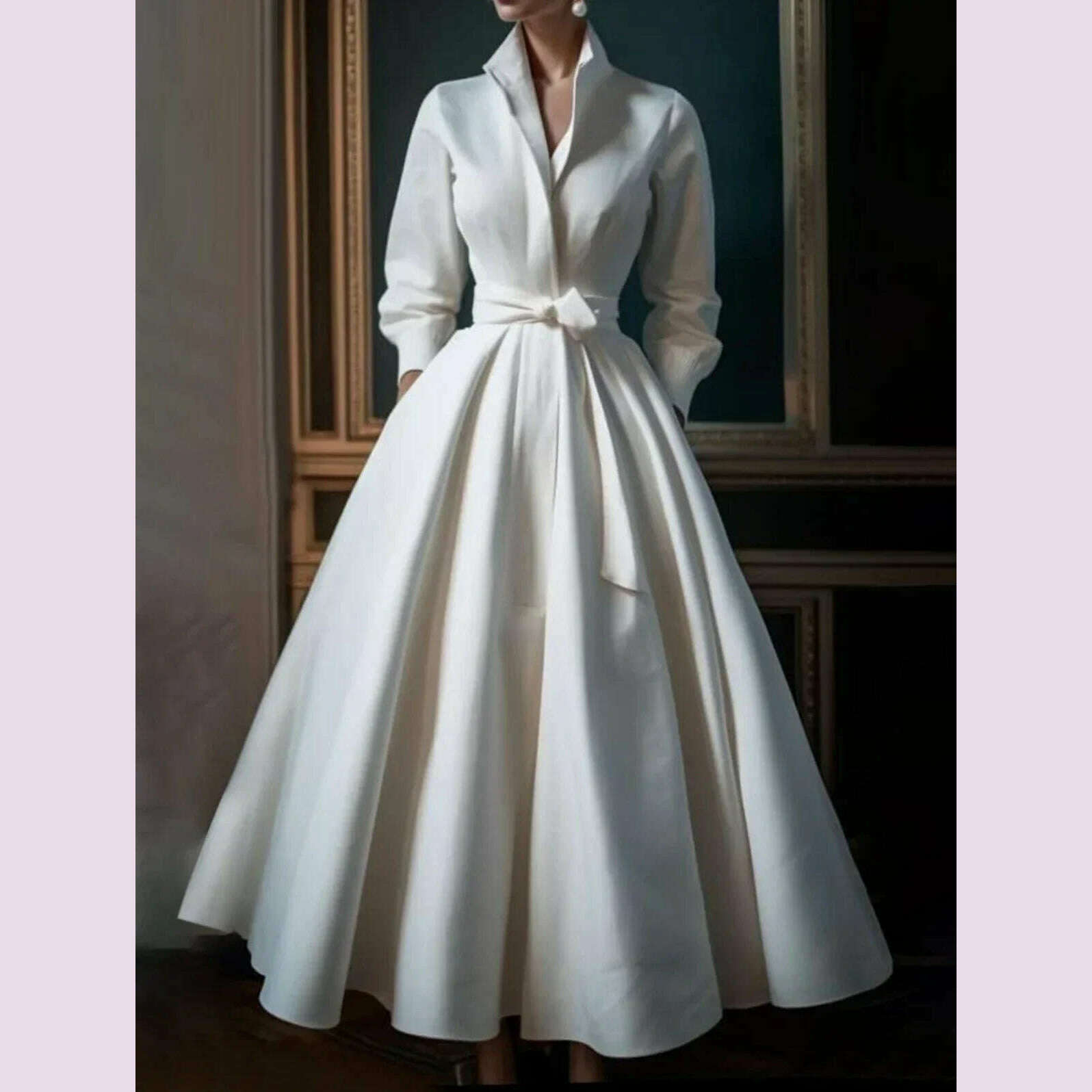 KIMLUD, Women Elegant Shirt Dress Long Sleeve Stand Collar White Minimalist A-Line Pleated Wedding Guest Long Dresses with Blet 2024, KIMLUD Womens Clothes