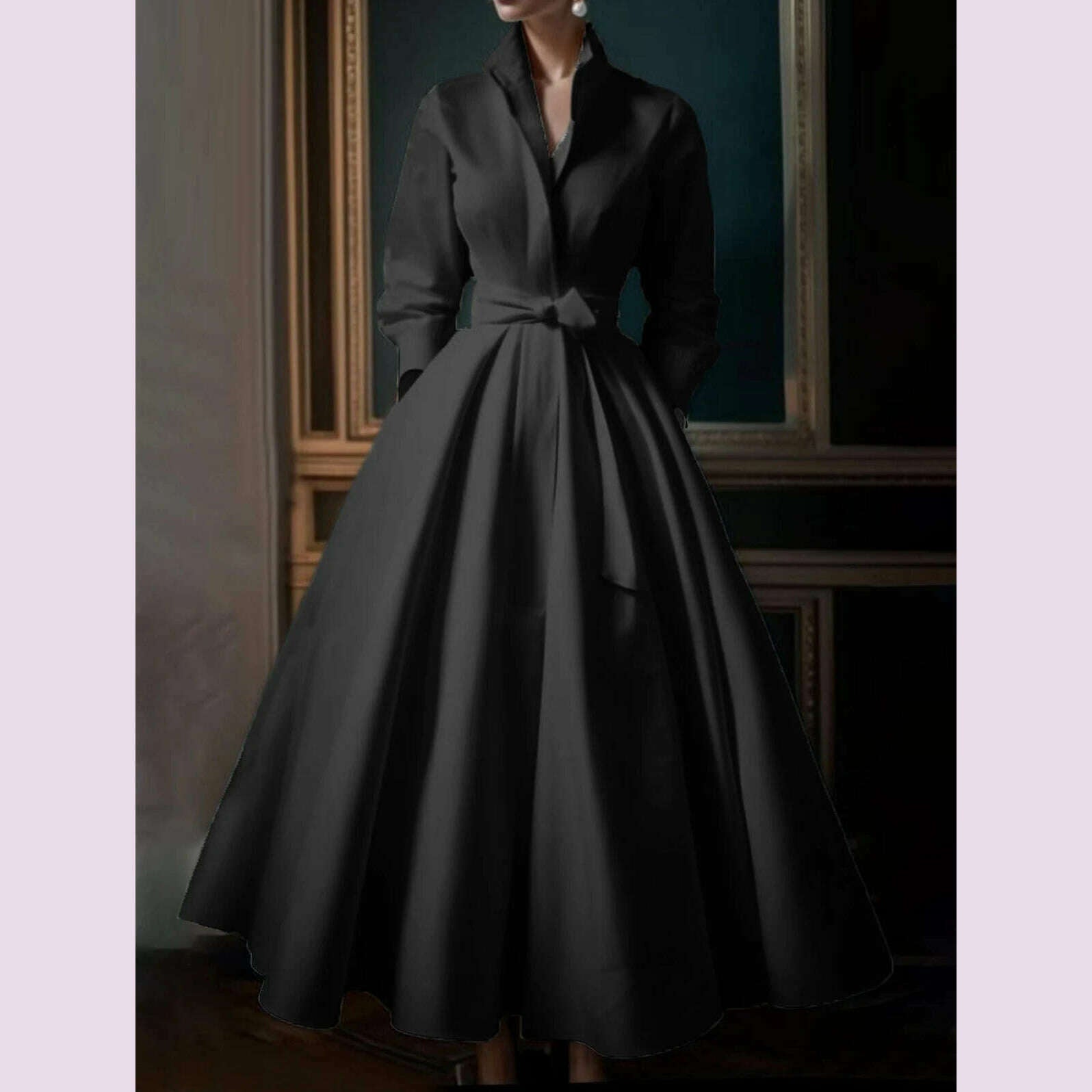 KIMLUD, Women Elegant Shirt Dress Long Sleeve Stand Collar White Minimalist A-Line Pleated Wedding Guest Long Dresses with Blet 2024, Black / XXXL, KIMLUD APPAREL - Womens Clothes