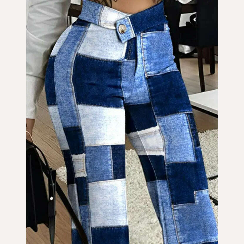 KIMLUD, Women Elegant Summer Denim Look Print Overlap Waist Work Pants Casual Fashion Trousers Female Joggers Streetwear 2023 Clothes, KIMLUD Womens Clothes