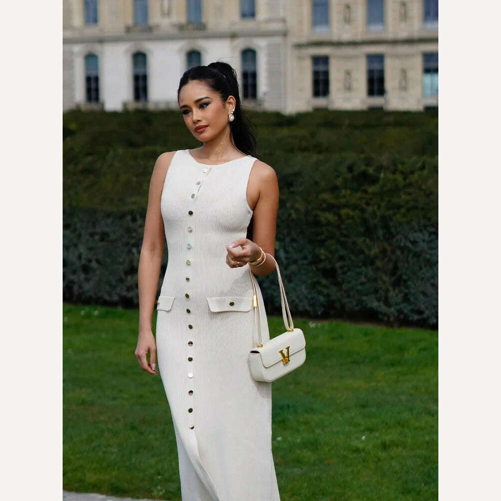 KIMLUD, Women Elegant White Single Breasted Knit Dress Fashion O-neck Sleeveless Bodycon Long Robes 2024 Summer Evening Party Vestidos, KIMLUD Womens Clothes