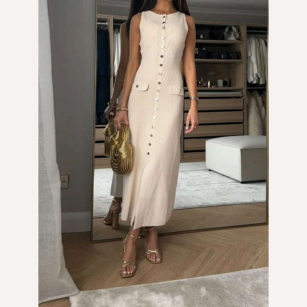 KIMLUD, Women Elegant White Single Breasted Knit Dress Fashion O-neck Sleeveless Bodycon Long Robes 2024 Summer Evening Party Vestidos, KIMLUD Womens Clothes