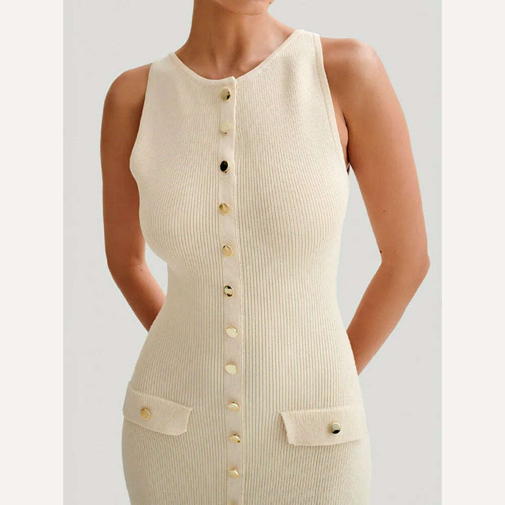 KIMLUD, Women Elegant White Single Breasted Knit Dress Fashion O-neck Sleeveless Bodycon Long Robes 2024 Summer Evening Party Vestidos, KIMLUD Womens Clothes