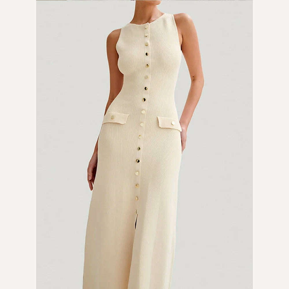 KIMLUD, Women Elegant White Single Breasted Knit Dress Fashion O-neck Sleeveless Bodycon Long Robes 2024 Summer Evening Party Vestidos, KIMLUD Womens Clothes