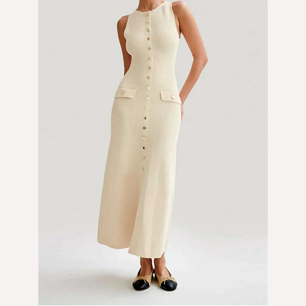 KIMLUD, Women Elegant White Single Breasted Knit Dress Fashion O-neck Sleeveless Bodycon Long Robes 2024 Summer Evening Party Vestidos, Apricot / L, KIMLUD APPAREL - Womens Clothes