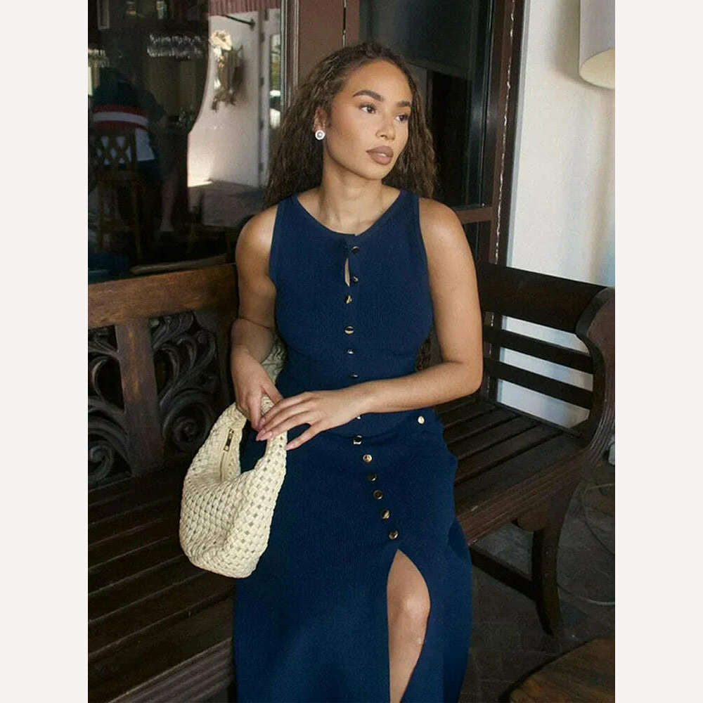 KIMLUD, Women Elegant White Single Breasted Knit Dress Fashion O-neck Sleeveless Bodycon Long Robes 2024 Summer Evening Party Vestidos, Blue / L, KIMLUD APPAREL - Womens Clothes
