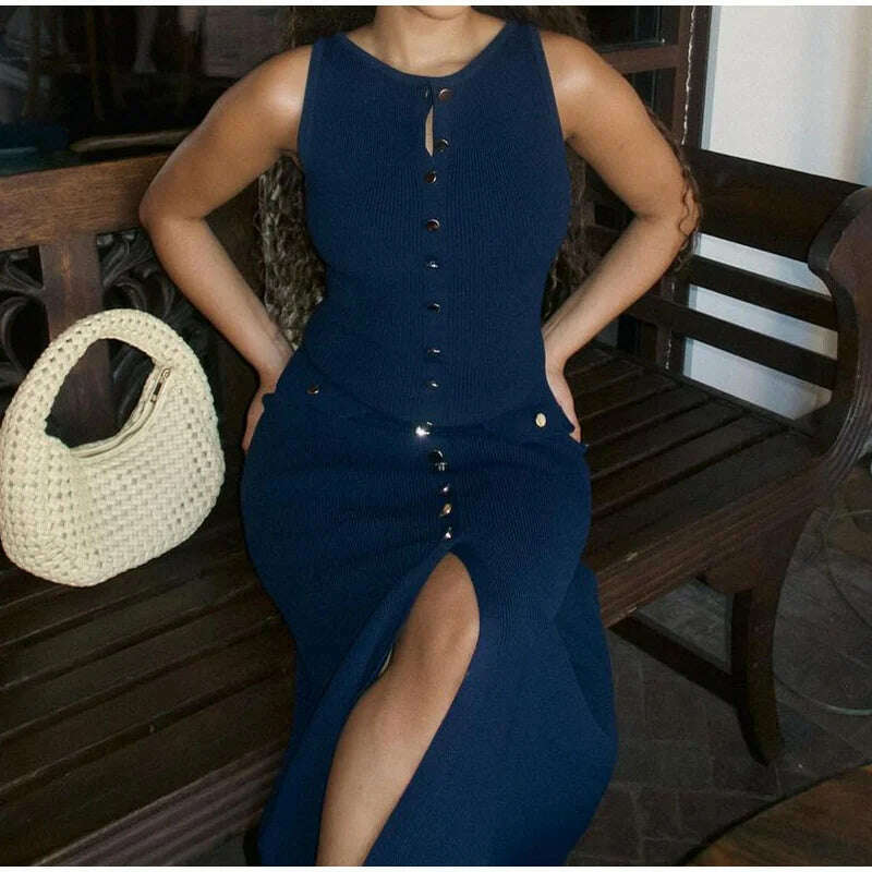 KIMLUD, Women Elegant White Single Breasted Knit Dress Fashion O-neck Sleeveless Bodycon Long Robes 2024 Summer Evening Party Vestidos, KIMLUD Womens Clothes