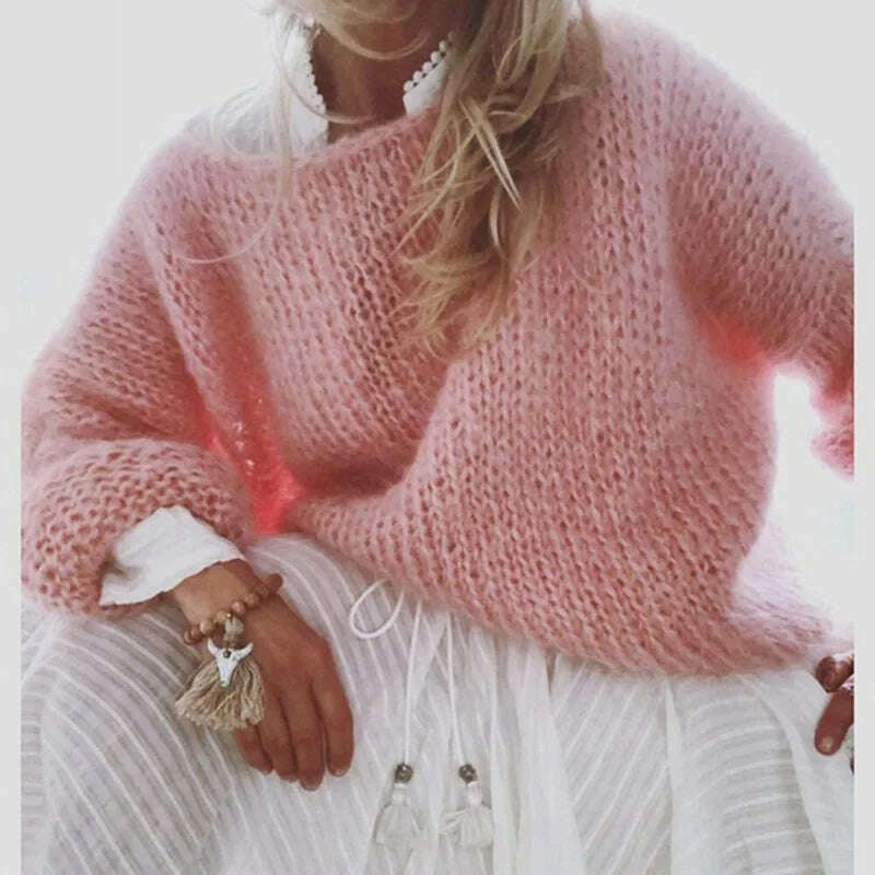 KIMLUD, Women Elelgant Sweater Female Autumn Round Neck Long Sleeve Sweaters Casual Loose Knitted Pullovers Solid Color Oversize Sweater, KIMLUD Womens Clothes