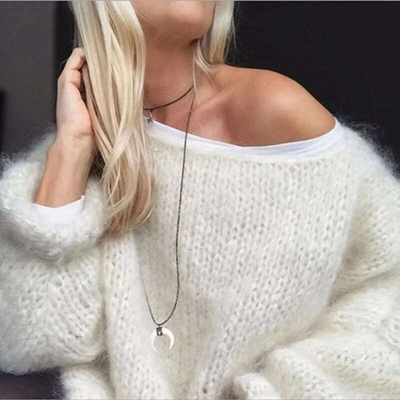 KIMLUD, Women Elelgant Sweater Female Autumn Round Neck Long Sleeve Sweaters Casual Loose Knitted Pullovers Solid Color Oversize Sweater, white / S, KIMLUD APPAREL - Womens Clothes
