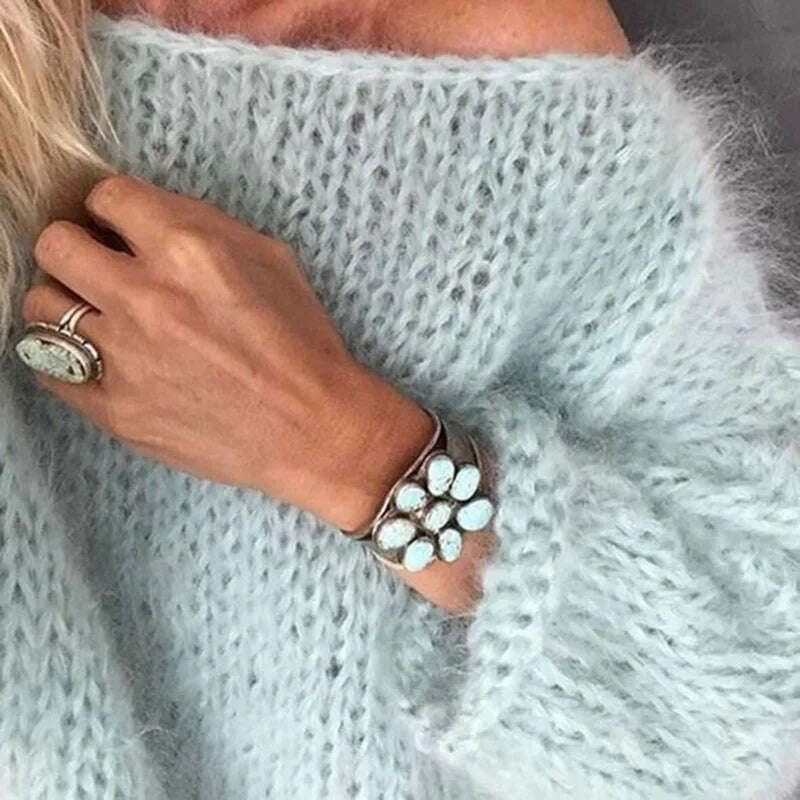 KIMLUD, Women Elelgant Sweater Female Autumn Round Neck Long Sleeve Sweaters Casual Loose Knitted Pullovers Solid Color Oversize Sweater, light blue / S, KIMLUD APPAREL - Womens Clothes