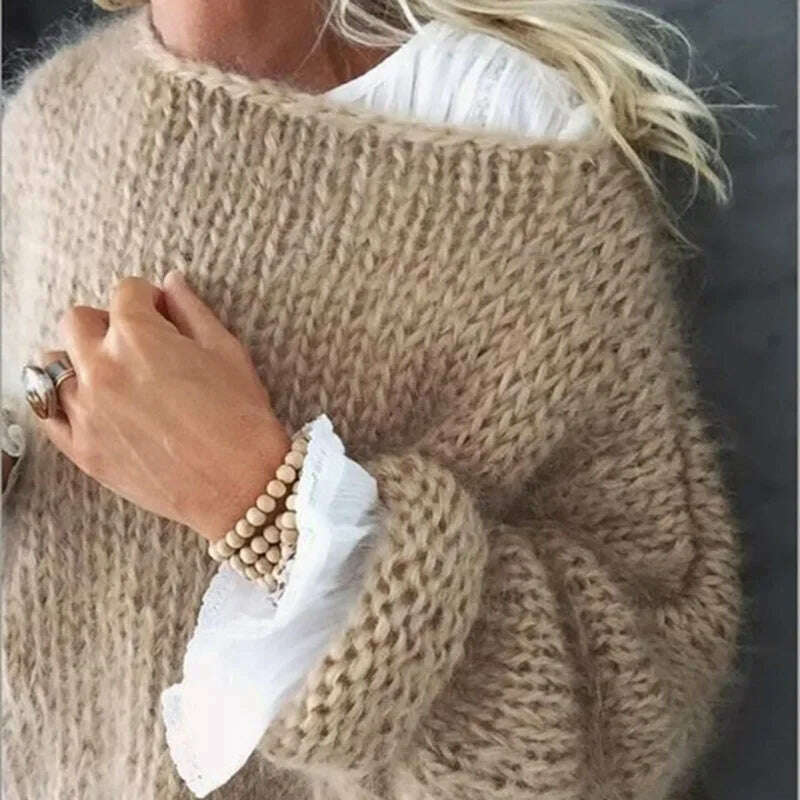 KIMLUD, Women Elelgant Sweater Female Autumn Round Neck Long Sleeve Sweaters Casual Loose Knitted Pullovers Solid Color Oversize Sweater, KIMLUD Womens Clothes