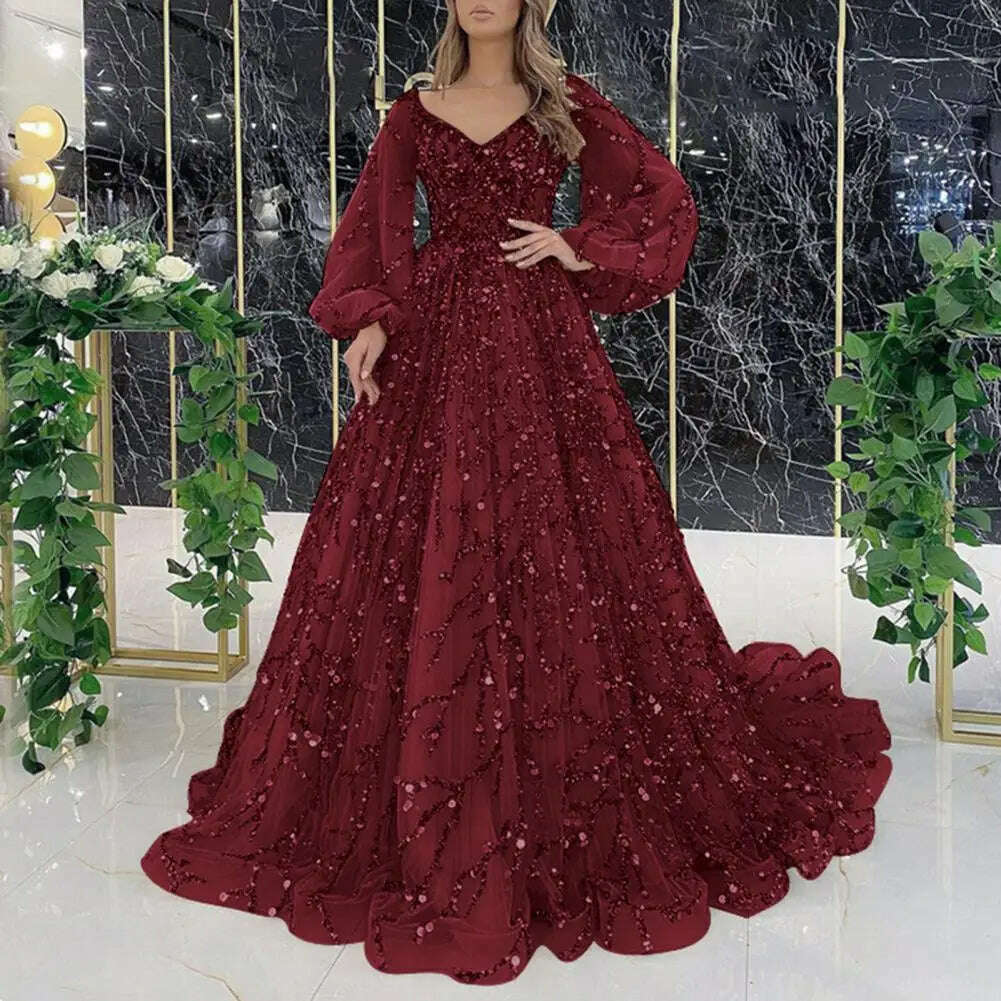 KIMLUD, Women Evening Dress Shiny Sequin Beading Padded Floor Length Prom Gown V Neck Lantern Sleeve Mesh Double-layered Party Dress, KIMLUD Womens Clothes