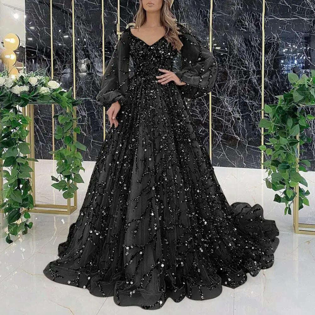 KIMLUD, Women Evening Dress Shiny Sequin Beading Padded Floor Length Prom Gown V Neck Lantern Sleeve Mesh Double-layered Party Dress, Black / 3XL, KIMLUD APPAREL - Womens Clothes