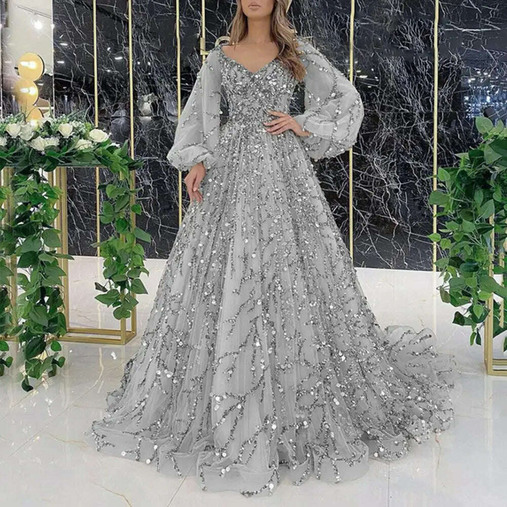 KIMLUD, Women Evening Dress Shiny Sequin Beading Padded Floor Length Prom Gown V Neck Lantern Sleeve Mesh Double-layered Party Dress, KIMLUD Womens Clothes