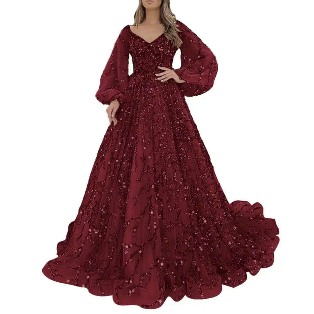 KIMLUD, Women Evening Dress Shiny Sequin Beading Padded Floor Length Prom Gown V Neck Lantern Sleeve Mesh Double-layered Party Dress, Jujube Red / XL, KIMLUD APPAREL - Womens Clothes