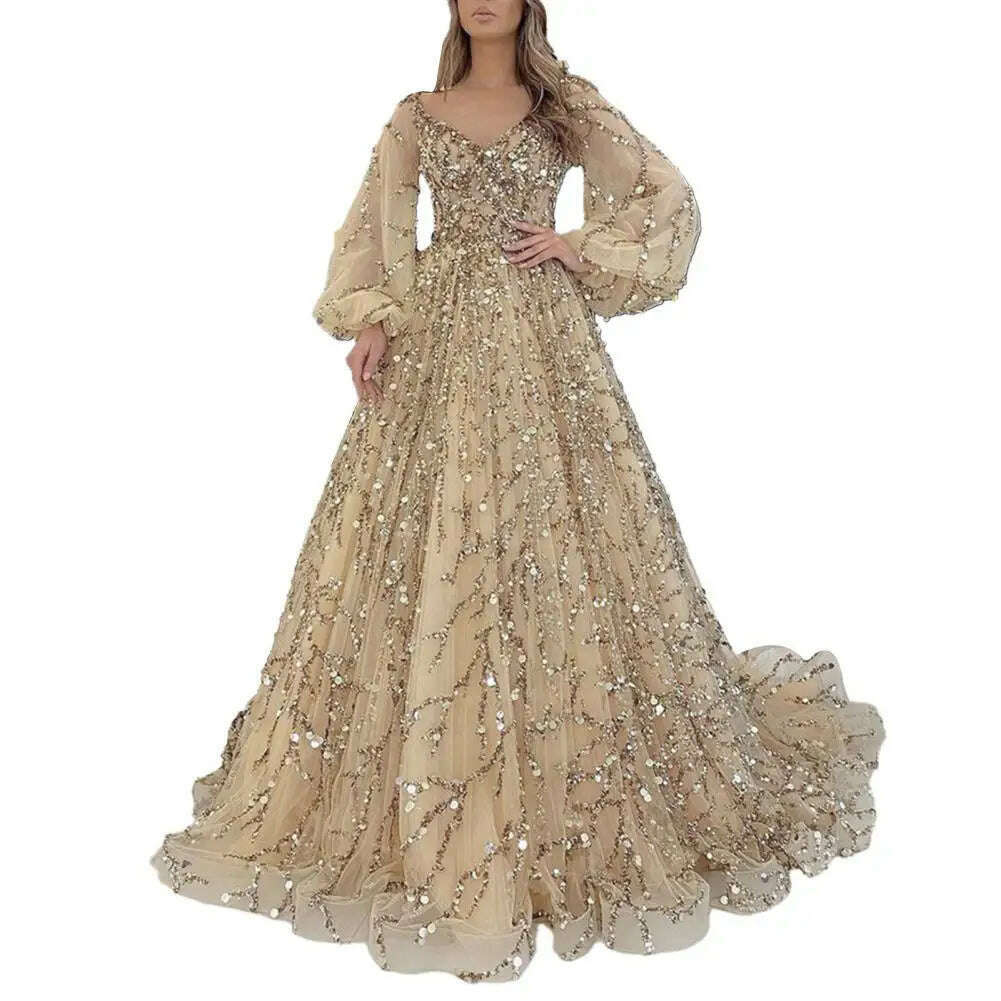 KIMLUD, Women Evening Dress Shiny Sequin Beading Padded Floor Length Prom Gown V Neck Lantern Sleeve Mesh Double-layered Party Dress, Golden / L, KIMLUD APPAREL - Womens Clothes