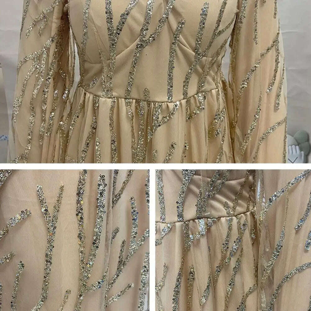 KIMLUD, Women Evening Dress V Neck Lantern Sleeve Beading Padded A-line Long Skirt Floor Length Double-layered Party Dress Prom Gown, KIMLUD Womens Clothes