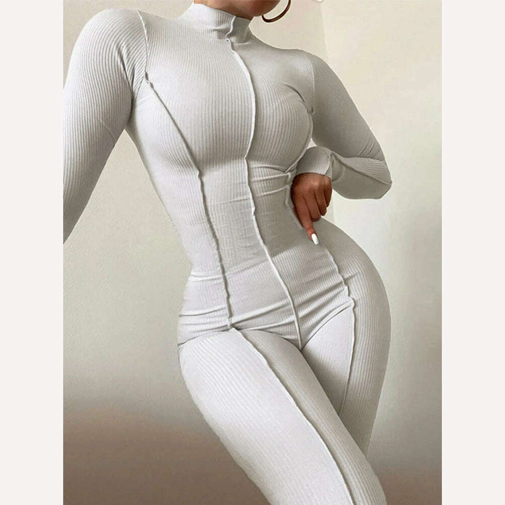 KIMLUD, Women Fall Bright Line Decoration Black Jumpsuit Women One Piece Sexy Club Outfit For Women Long Sleeve White Bodycon Jumpsuits, White Jumpsuit / S / China, KIMLUD APPAREL - Womens Clothes